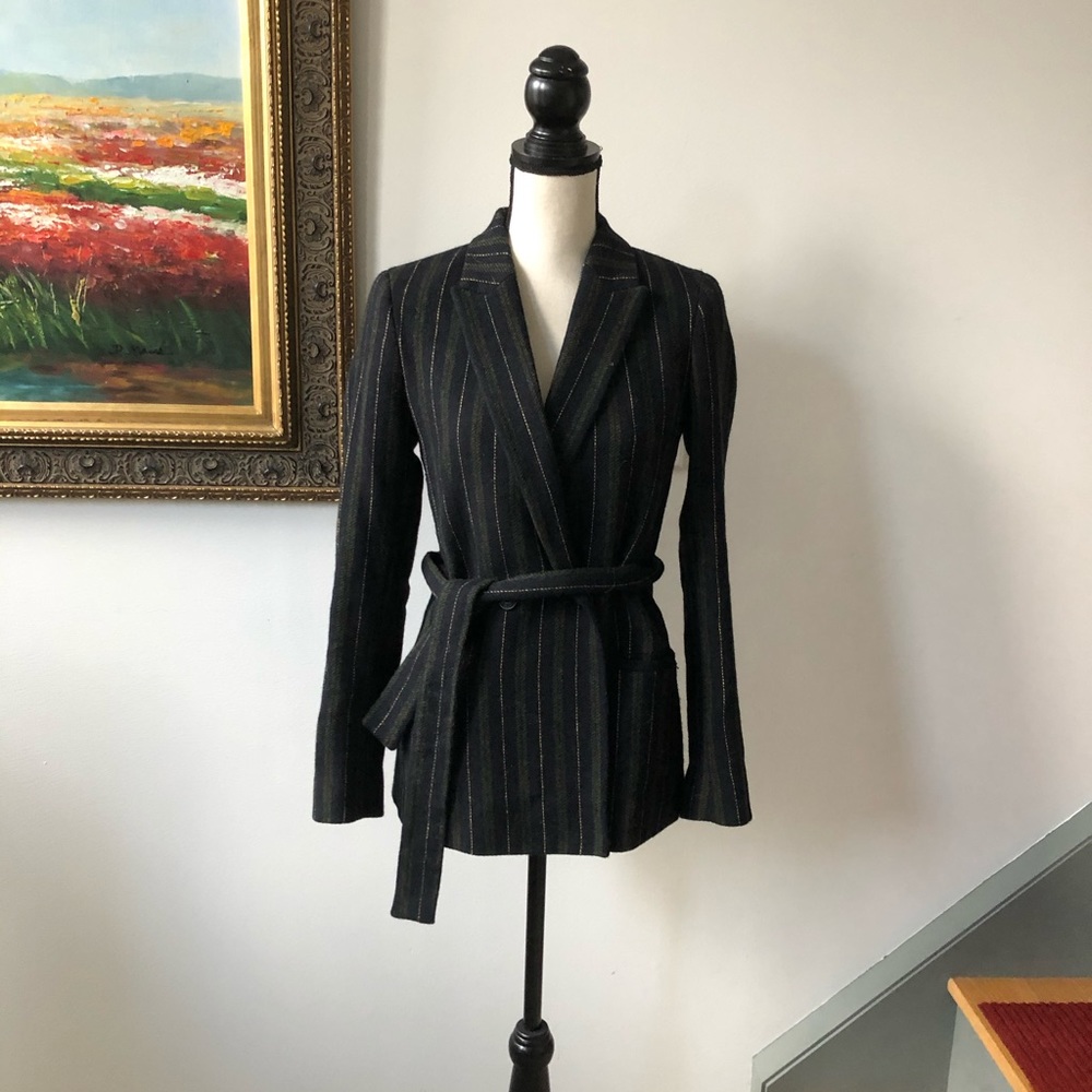 Massimo Duty wool belted blazer jacket 4 S striped